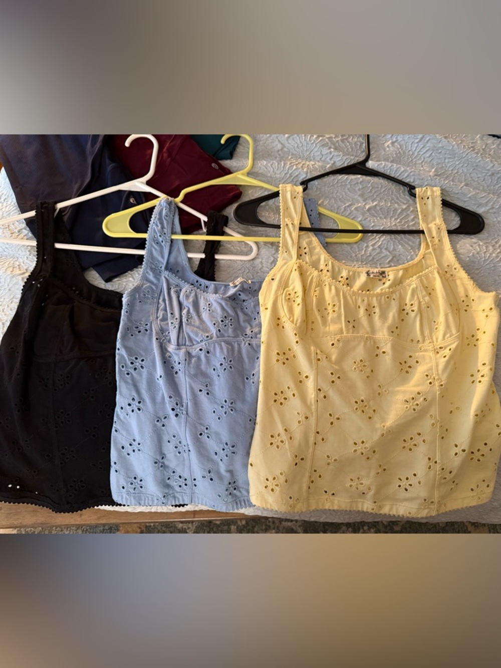 Eyelet Cotton Tank Top - Black, Yellow and Light Blue